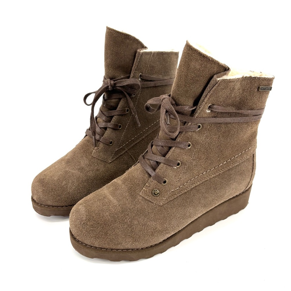 Bearpaw Krista Suede Wedge Boot Size 9 Wool‎ Blend Lining Harmony Tan Brown